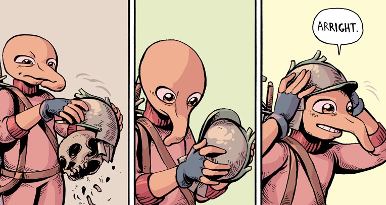 A series of panels from Evan Dahm's The 3rd Voice, in which Spondule finds a cool helmet.