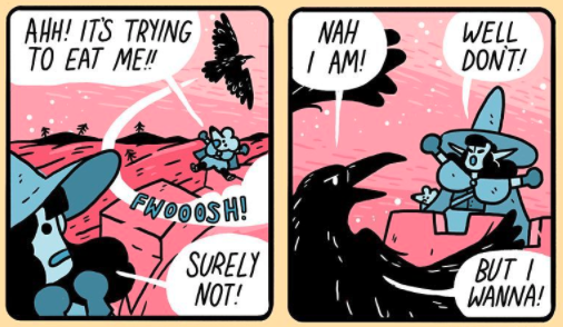 Two panels depicting jovial aviary attacks from Jake Lawrence's A Nice Long Walk
