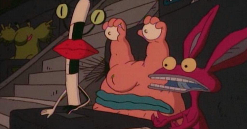 Oblina, Krumm, and Ickis (pictured left to right) from the Nickelodeon cartoon, Aaaah! Real Monsters