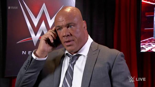 Kurt Angle speaks with his mysterious partner as Monday Night RAW goes off the air