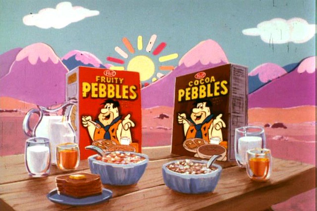 Image from an older commercial for Fruity Pebbles cereal, showing it as part of a balanced breakfast