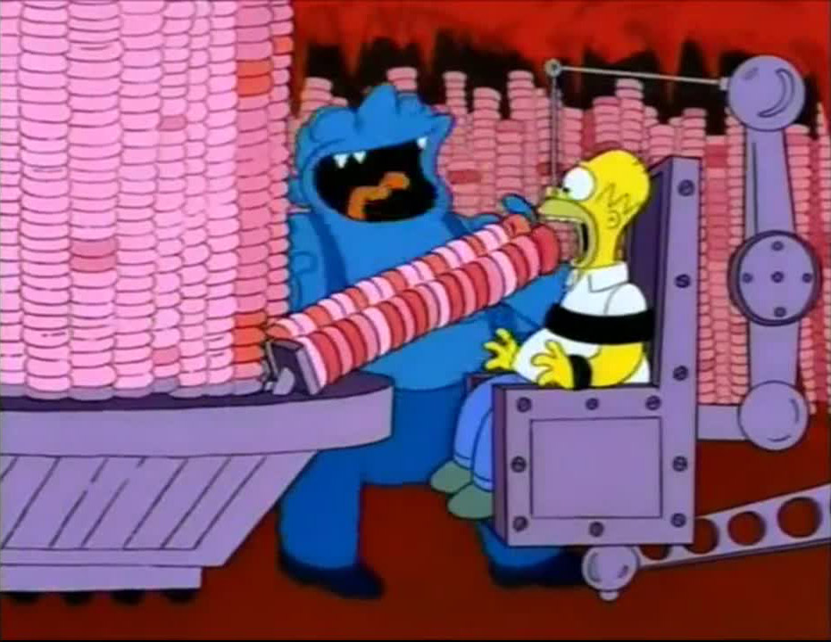 Homer Simpson is fed all the donuts he can possibly eat in hell during a Treehouse of Horror episode of The Simpsons