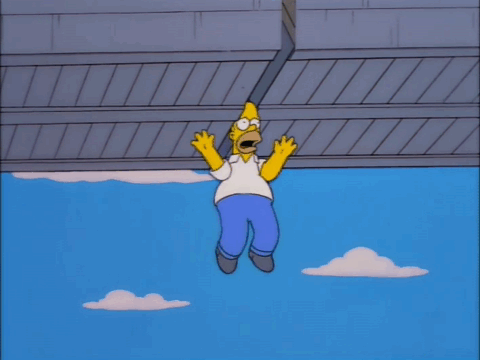 Homer Simpson gets his head stuck in a wooden bridge
