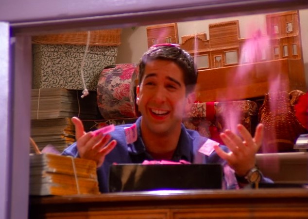 Ross is showered with sugar packets while going through his recently-deceased grandmother's closet on the TV show, Friends