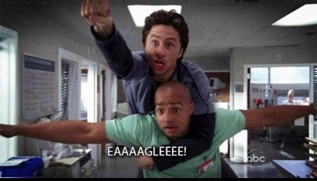 Turk carries JD on his back in the classic eagle formation from the TV show, Scrubs