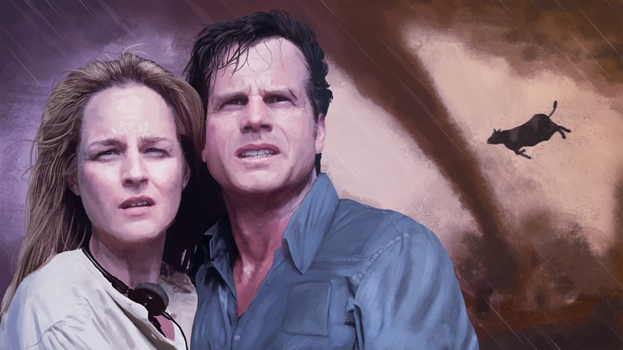 Bill Paxton and Helen Hunt feature in an image based on the film, Twister, which also shows a cow being flung by the titular villain